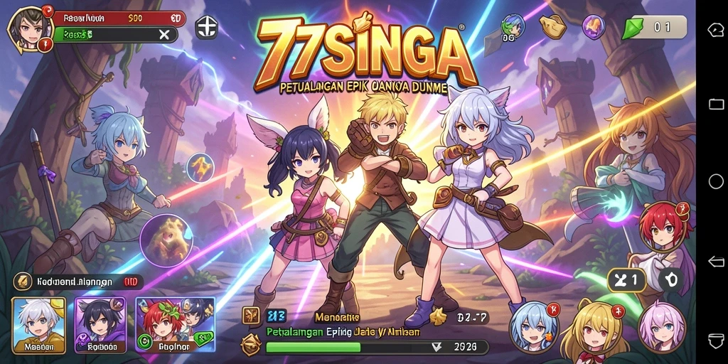 Tangkapan layar gameplay 77SINGA menampilkan aksi mendebarkan karakter anime.