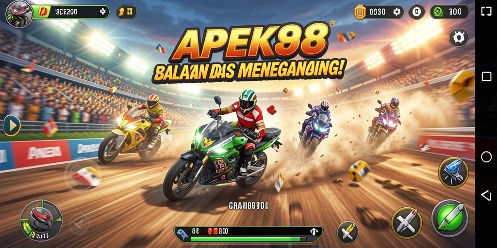 Screenshot APEK88 dengan aksi balapan yang menegangkan dan mobil-mobil cepat.