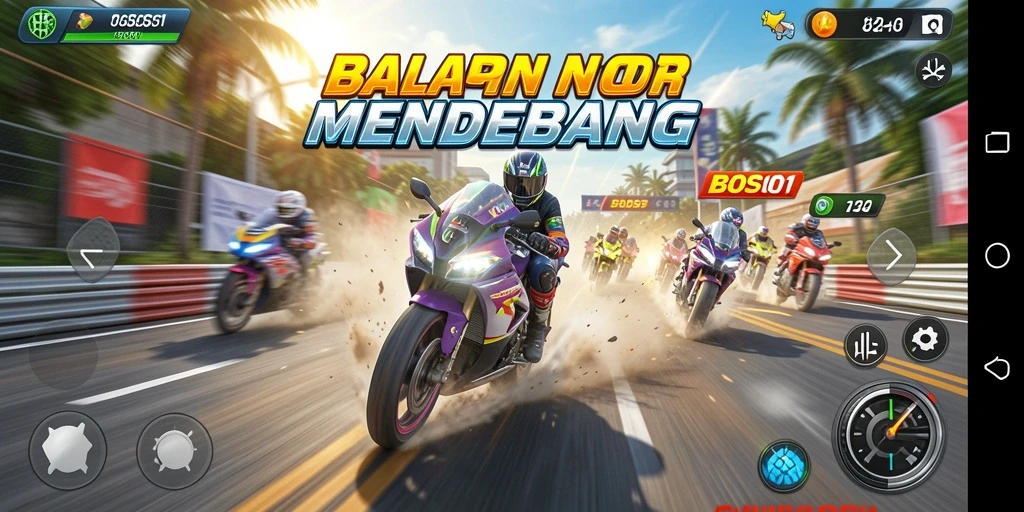 Screenshot utama menampilkan aksi balapan motor yang seru dan mendebarkan.
