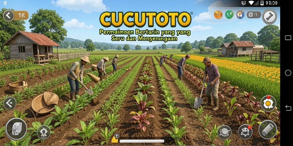 Tampilan gameplay CUCUTOTO dengan lahan pertanian yang indah.