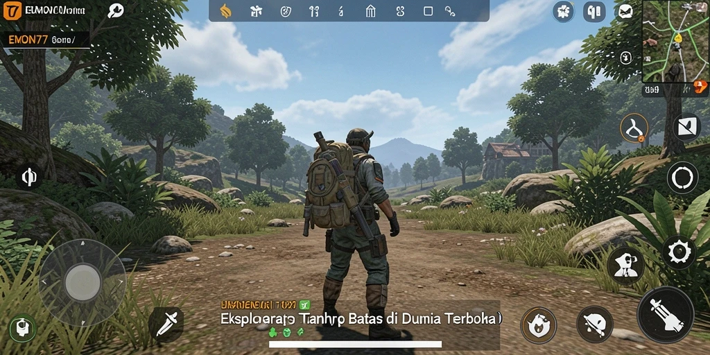 Tampilan gameplay EMON77 dalam dunia terbuka yang luas dan interaktif.