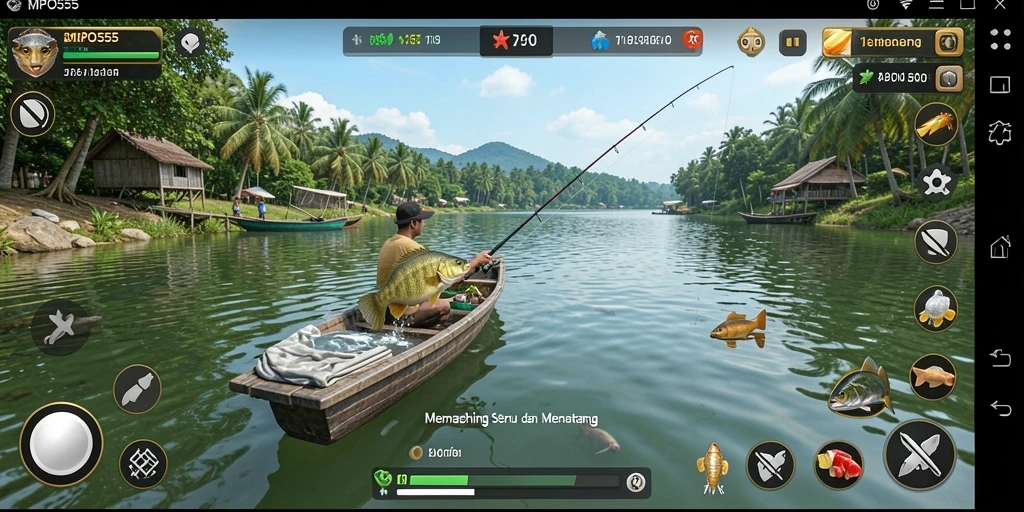 Tampilan gameplay MPO555 saat menangkap ikan di lautan yang luas.