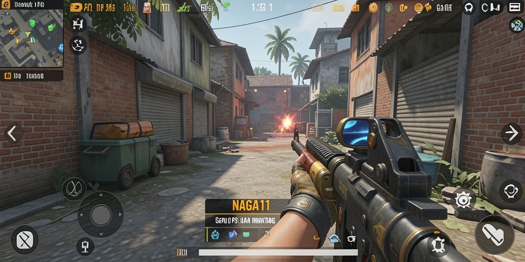 Screenshot NAGA11 menunjukkan aksi gameplay FPS yang mendebarkan.