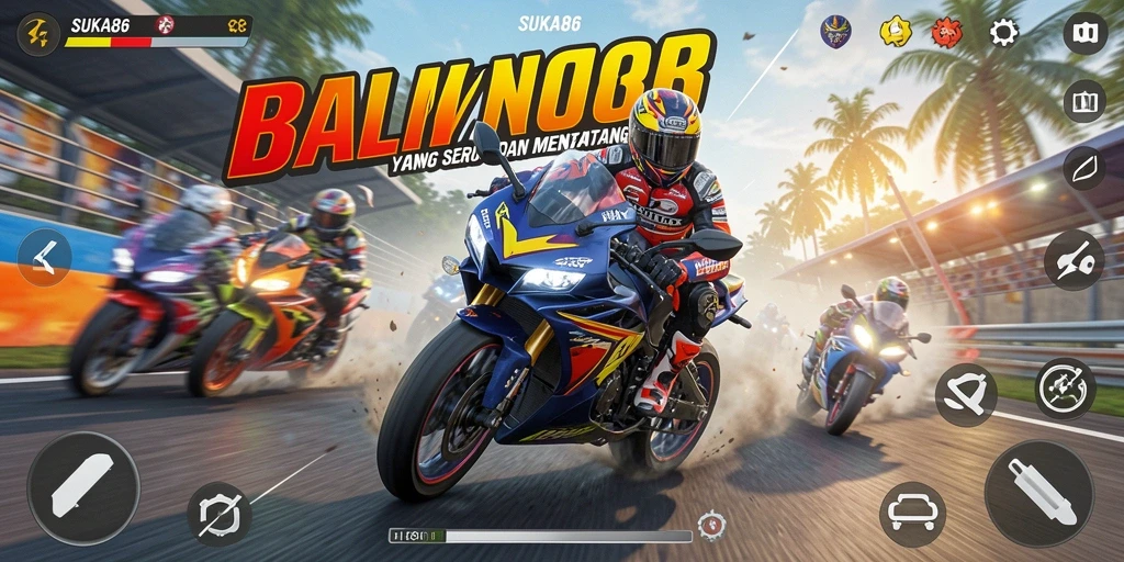 Screenshot gameplay SUKA86 menampilkan aksi balap motor yang memukau.